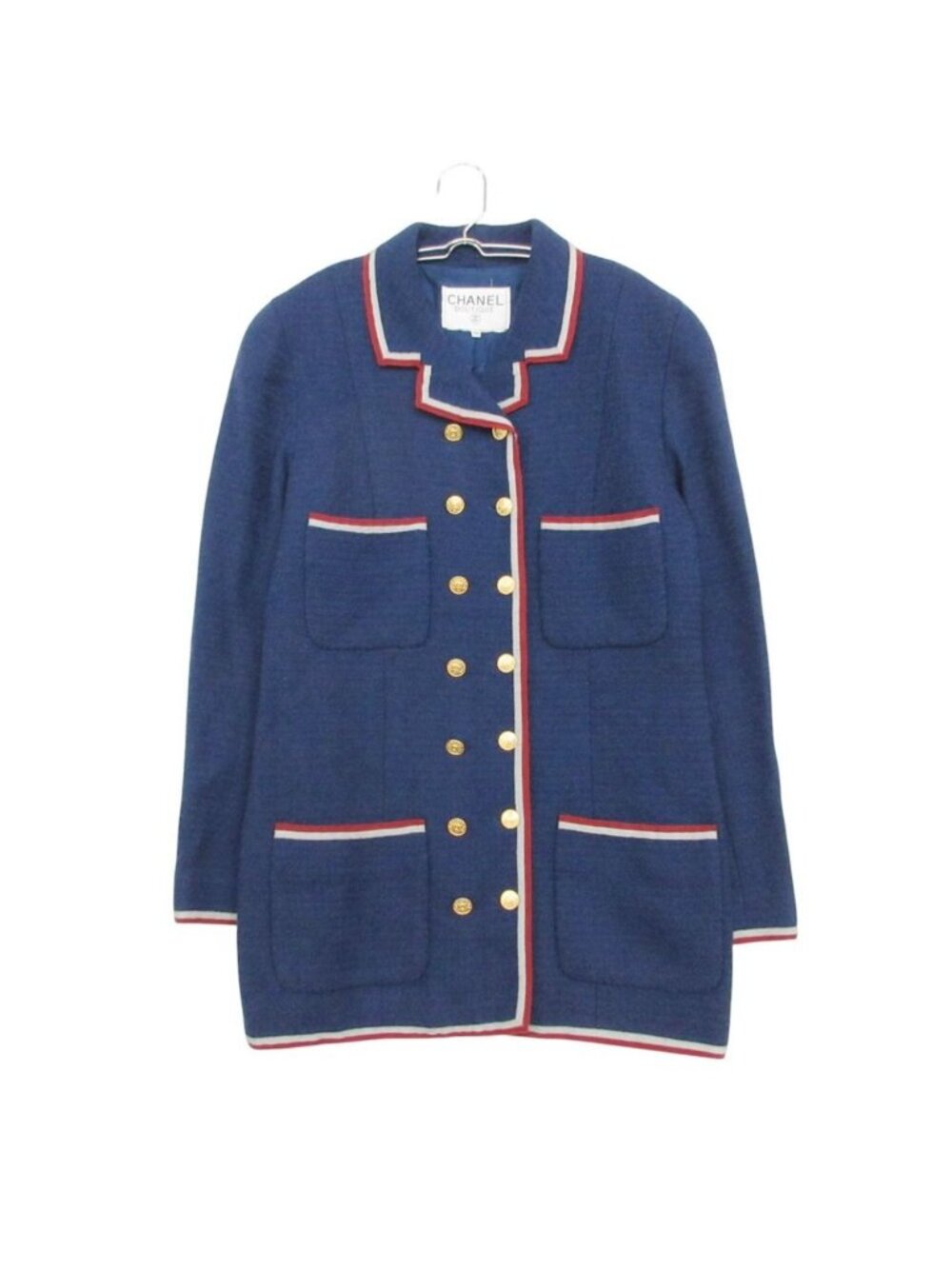 Chanel Tailored Jacket Tweed Double Breasted Blazer Gold Button Line Light Navy
